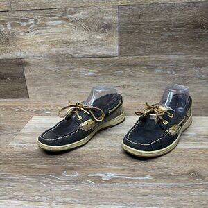 Sperry Bluefish Leather Sparkle Leo Black Boat Shoes Women's Size 7.5